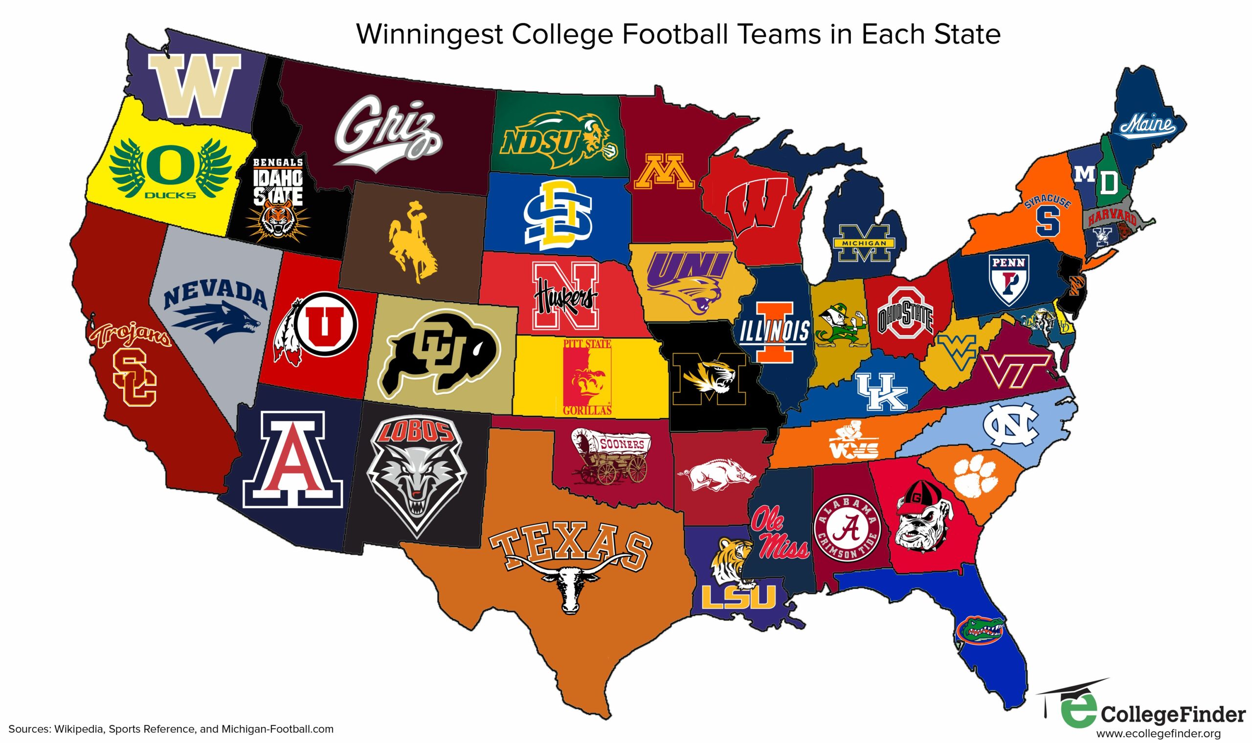 Winningest College Football Teams Map